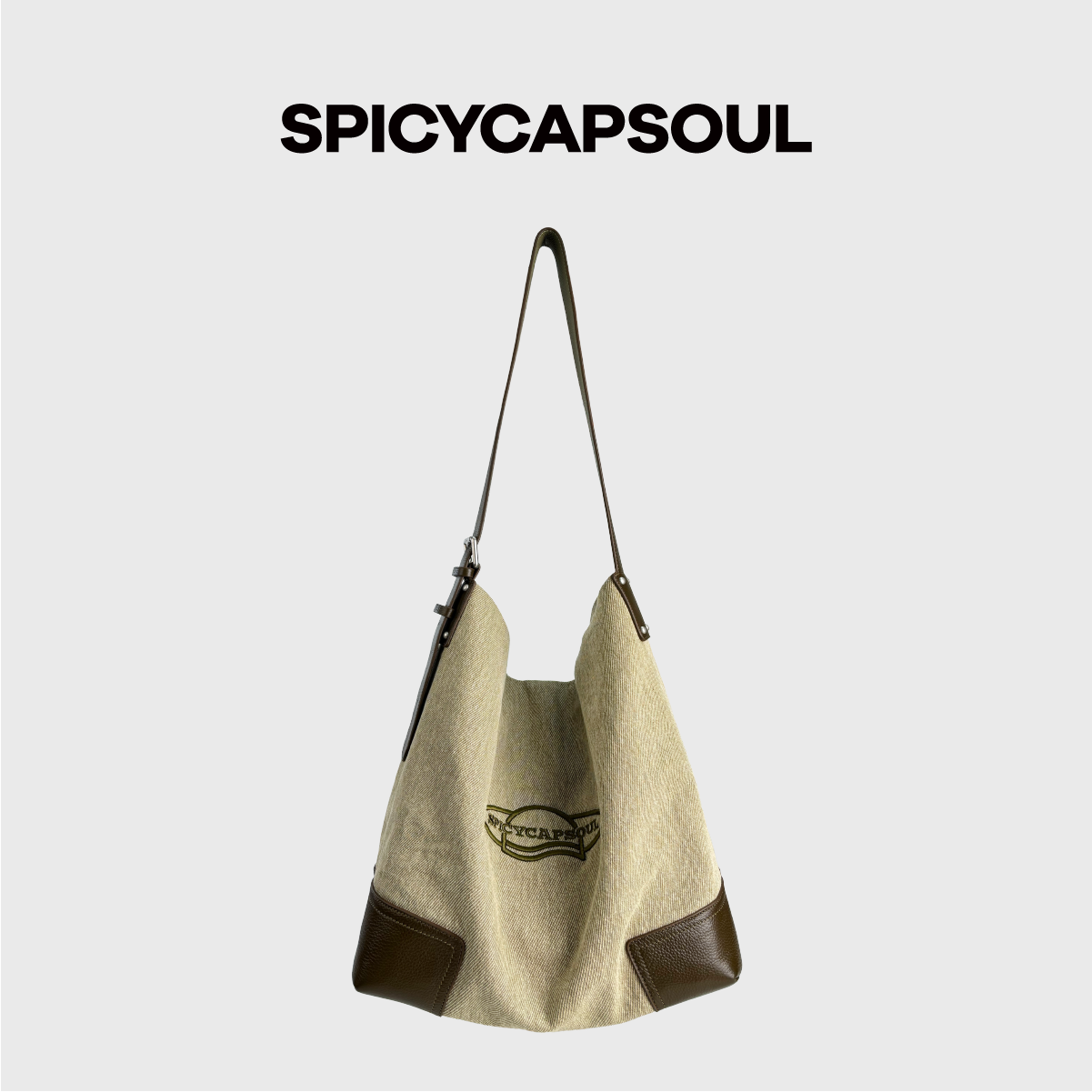 【烟熏鼠尾草】SpicyCapSoul树木纹理帆布头层牛皮单肩斜挎托特包,淘宝优惠券,粉丝福利购,淘宝优惠卷