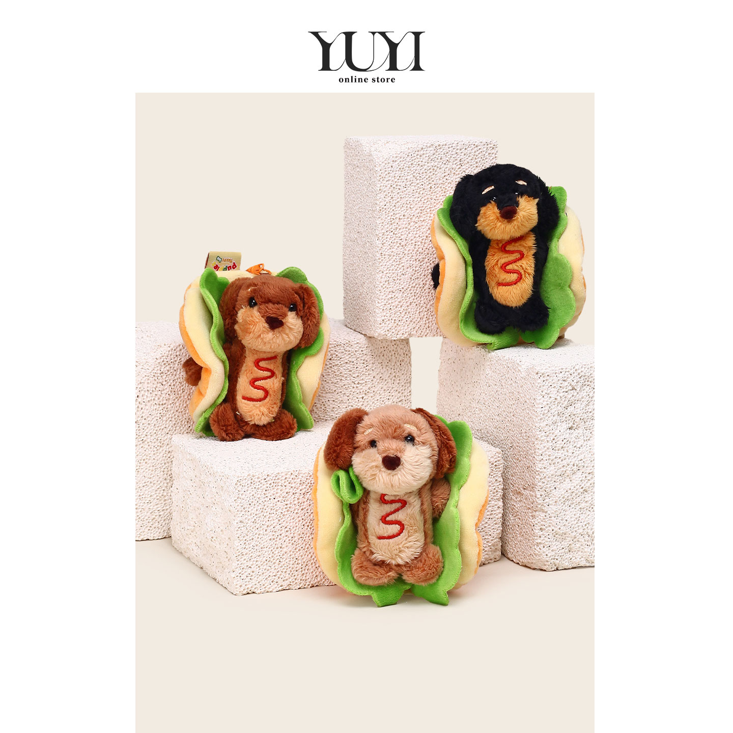 YUYI原创丑萌汉堡夹腊肠狗毛绒公仔小玩偶书包包挂件车钥匙扣挂饰 - 图2