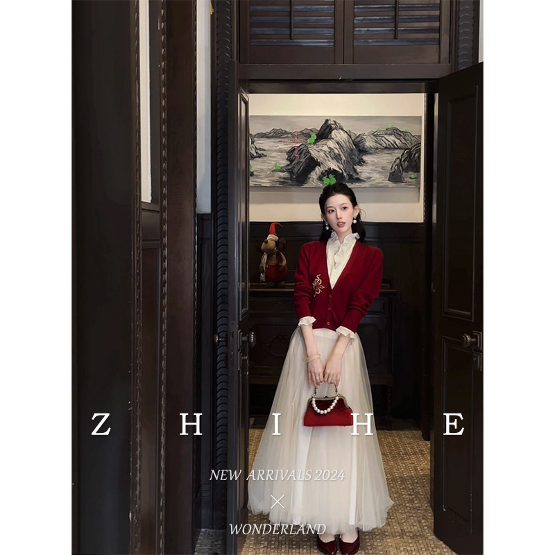 无艳一禾【暖岁】原创设计静奢刺绣假两件针织衫+纱裙套装