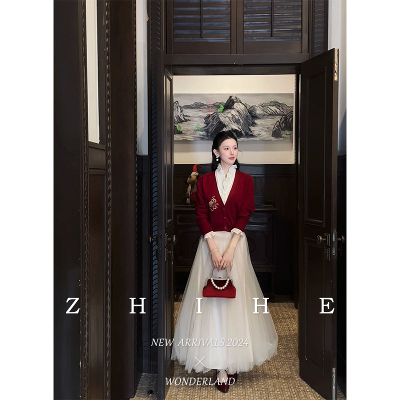 无艳一禾【暖岁】原创设计静奢刺绣假两件针织衫+纱裙套装