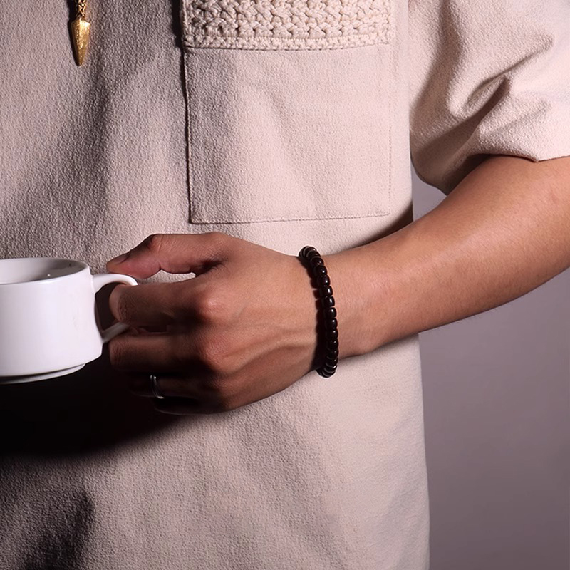 保真印尼原生态椰蒂单圈手串直切老型桶珠圆珠黑金原色男女款手链 - 图2