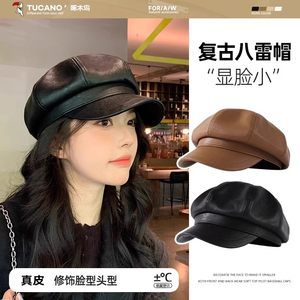 啄木鸟帽子女士秋冬显脸小网红百搭皮质八角帽冬季鸭舌英伦贝雷帽