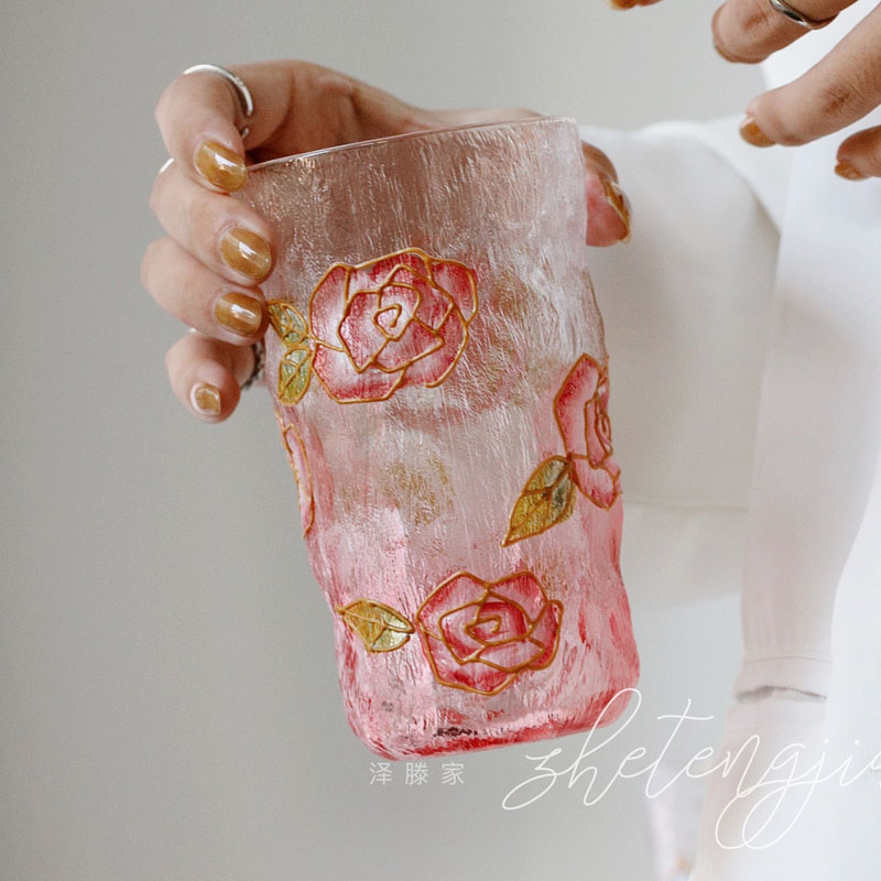 泽滕家杯子手绘玫瑰花朵彩色玻璃喝水好看的送闺蜜礼物女生高颜值-图2