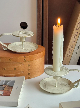 ins复古做旧白色铁艺烛台香薰蜡烛台座欧式客厅餐桌氛围感摆件