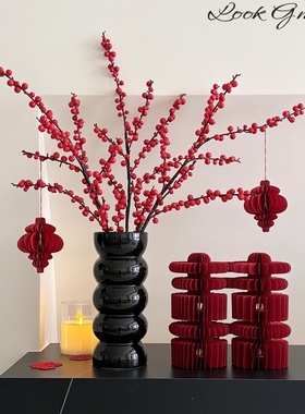 新中式国风发财果冬青仿真花花瓶婚房布置高级感客厅摆件装饰品