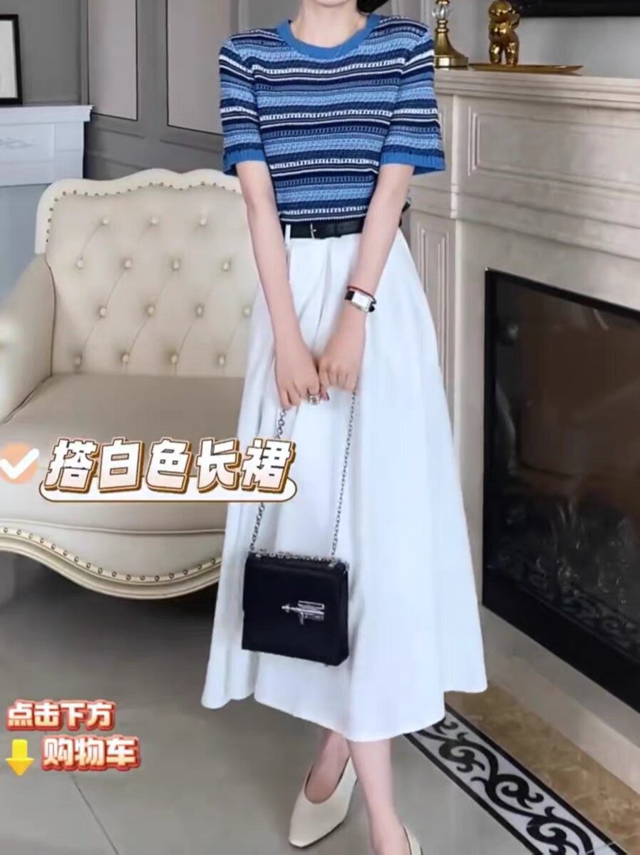 【编织时光】官方春季新款条纹短袖圆领针织衫女轻便百搭气质上衣