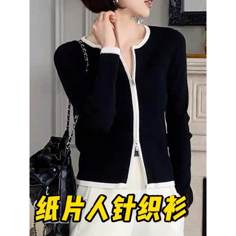 大洪官方经典款黑与白春季新款羊毛拉链开衫女内搭针织衫显瘦上衣