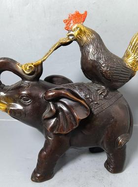 铜大象彷古做旧纯铜鎏金鸡象如意摆件家居客厅办公室桌面大象摆设