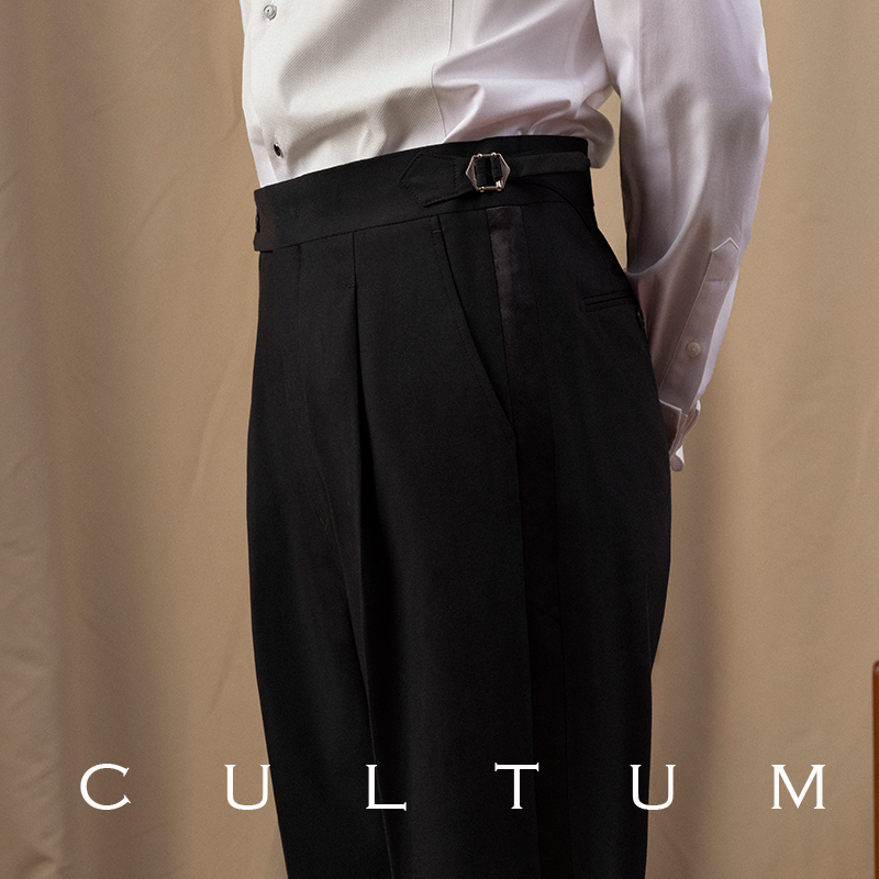 CULTUM修身免烫塔士多礼服单褶西裤男商务休闲侧边绸缎新郎长裤子 - 图2