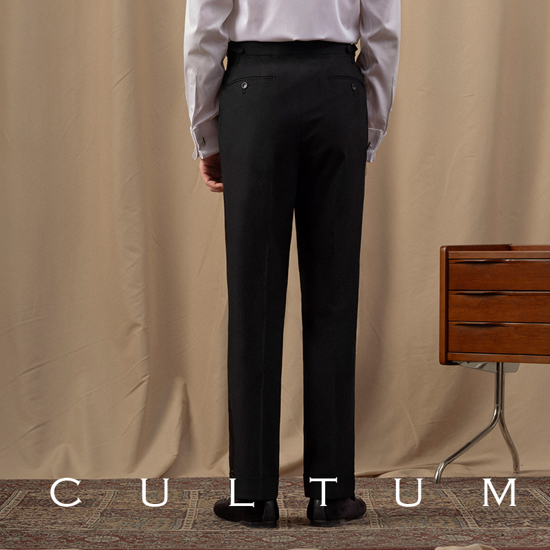 CULTUM修身免烫塔士多礼服单褶西裤男商务休闲侧边绸缎新郎长裤子 - 图1