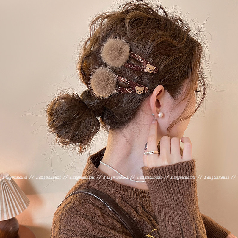 毛球小熊格纹发夹女可爱碎发侧边夹2025新款高端前额刘海夹子发卡,淘宝优惠券,粉丝福利购,淘宝优惠卷