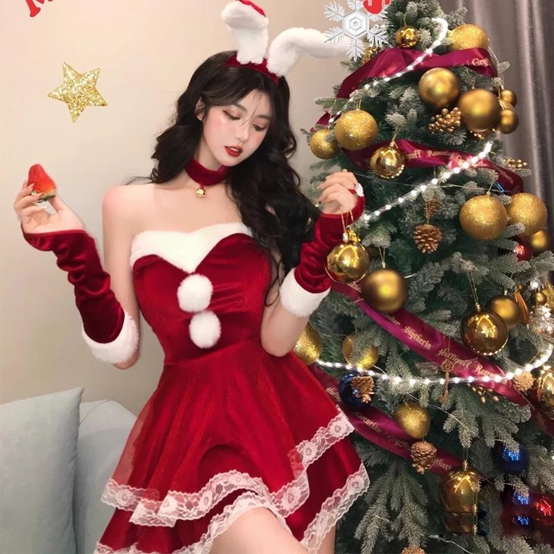 圣诞节服装cos兔女郎性感制服纯欲新年红色丝绒圣诞冬季裙子 - 图0