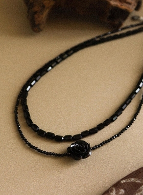 黑玫瑰项链女新款双层串珠锁骨链