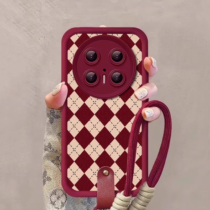 菱格红色羊巴皮带挂绳适用华为mate80pro手机壳70新年款mate60保护套格纹50女高级感秋冬m40E全包喜庆por时尚 - 图0