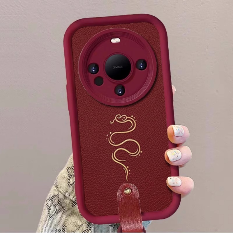 线条蛇红色羊巴皮带挂绳适用华为mate80pro手机壳70新年款mate60保护套50女高级感30秋冬m40E全包喜庆por个性 - 图3