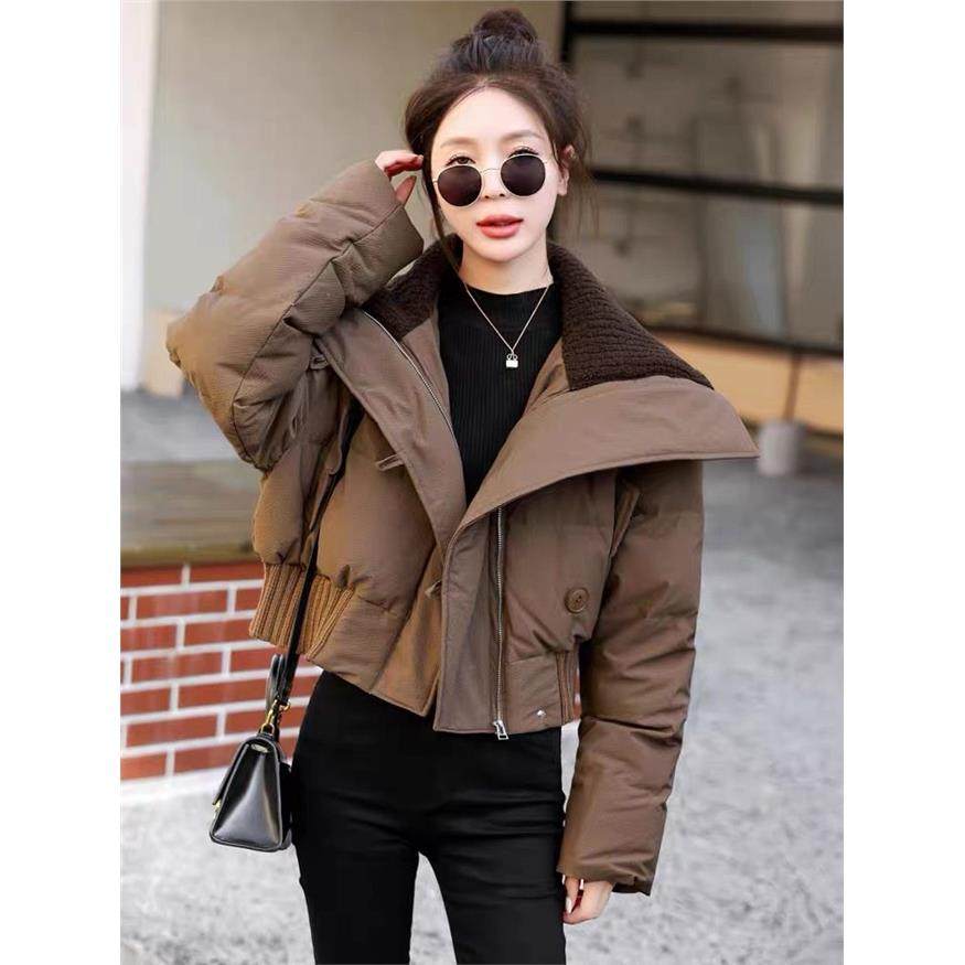 白鸭绒羽绒棉袄女2025冬季新款高腰羊羔毛大翻领短款面包服外套潮,淘宝优惠券,粉丝福利购,淘宝优惠卷