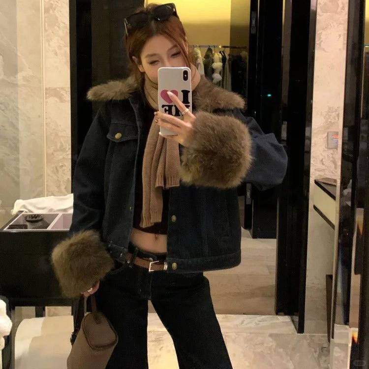 韩版毛毛领牛仔外套女秋冬2025新款气质宽松显瘦加厚短款棉服上衣,淘宝优惠券,粉丝福利购,淘宝优惠卷