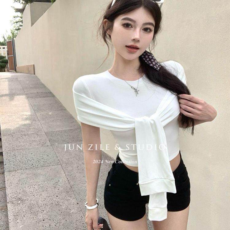 辣妹假两件披肩短袖女春设计感绑带短款上衣修身显瘦圆领正肩T恤,淘宝优惠券,粉丝福利购,淘宝优惠卷