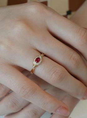 日系小众设计金带红豆红宝石戒指女款复古轻奢秀气古典婉约