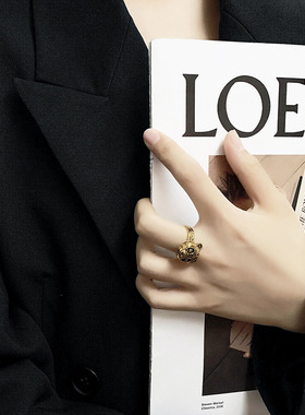 潮牌黑金戒指铜镀古金戒指指环机械熊猫开口戒指男女款