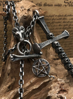 七宗罪骷髅十字架925纯银项链男潮ins复古霸气黑色吊坠挂件