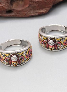 桃花九尾狐狸戒指女士国潮复古文艺范珐琅彩仿泰银民族风开口