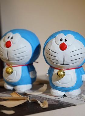 哆啦A梦叮当 猫木雕小摆件卡通可爱猫蓝胖子治愈系桌面摆放装饰品