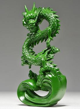 木雕龙摆件绿色实木质龙木雕盘龙生肖龙新中式家居客厅装饰送礼品