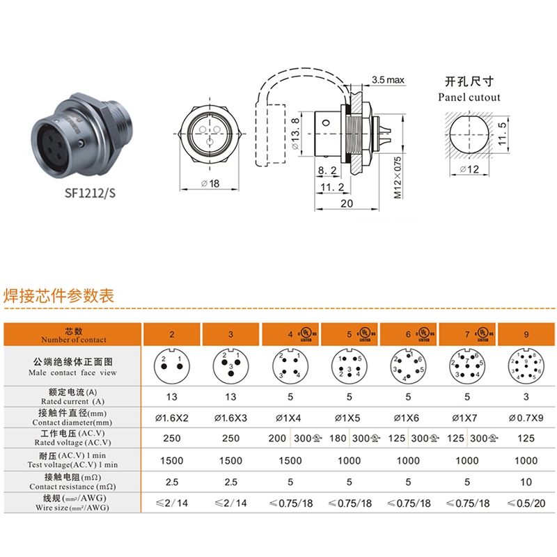 威浦SF12航空插头插座SF12-2芯3芯4芯5芯6芯7芯9芯防水工业连接器