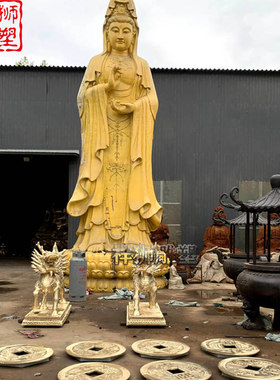 黄铜贴金观世音菩萨佛像摆件精工