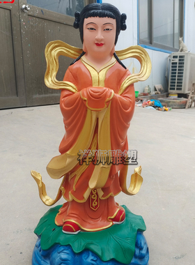 精品纯铜彩绘童男童女佛像摆件