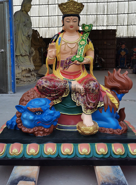 纯铜彩绘文殊菩萨普贤佛像摆件