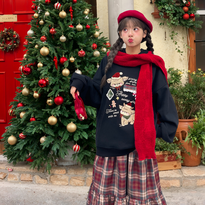 森女部落原创圣诞可爱小鹿闺蜜休闲卫衣2024年秋冬季新款女装