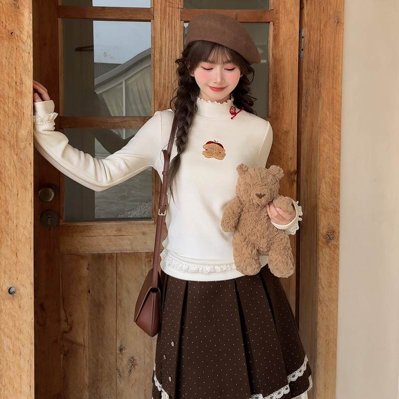 森女部落甜美苹果小狗刺绣长袖T恤女半高领叠穿百搭德绒打底上衣,淘宝优惠券,粉丝福利购,淘宝优惠卷