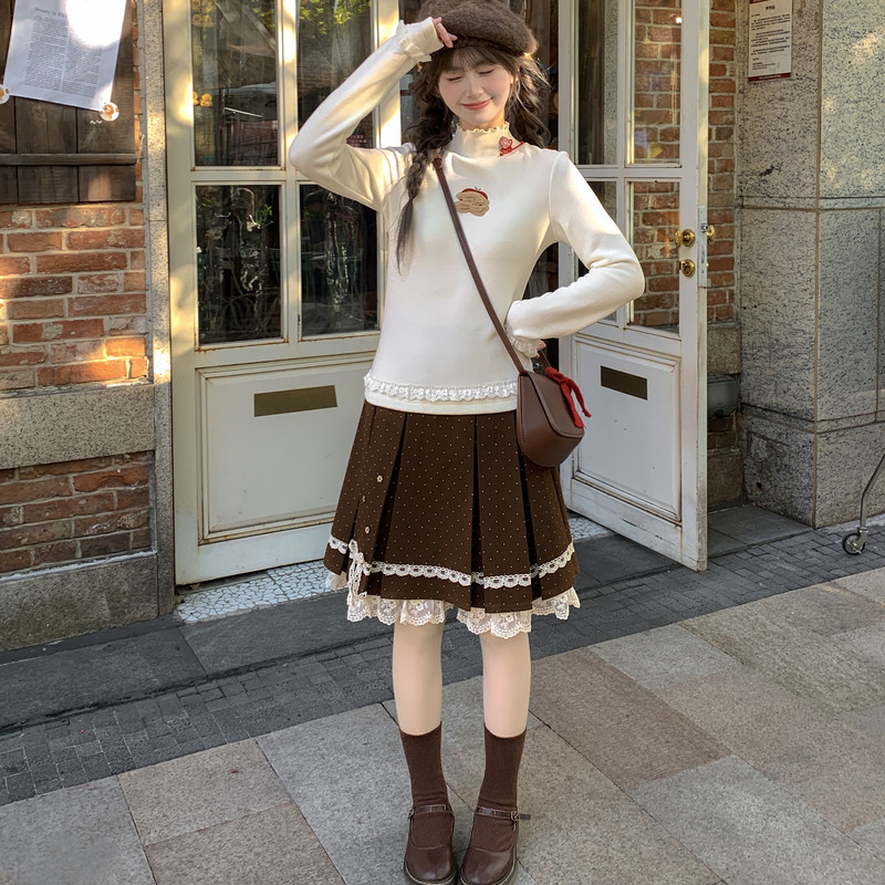 森女部落甜美苹果小狗刺绣长袖T恤女半高领叠穿百搭德绒打底上衣,淘宝优惠券,粉丝福利购,淘宝优惠卷