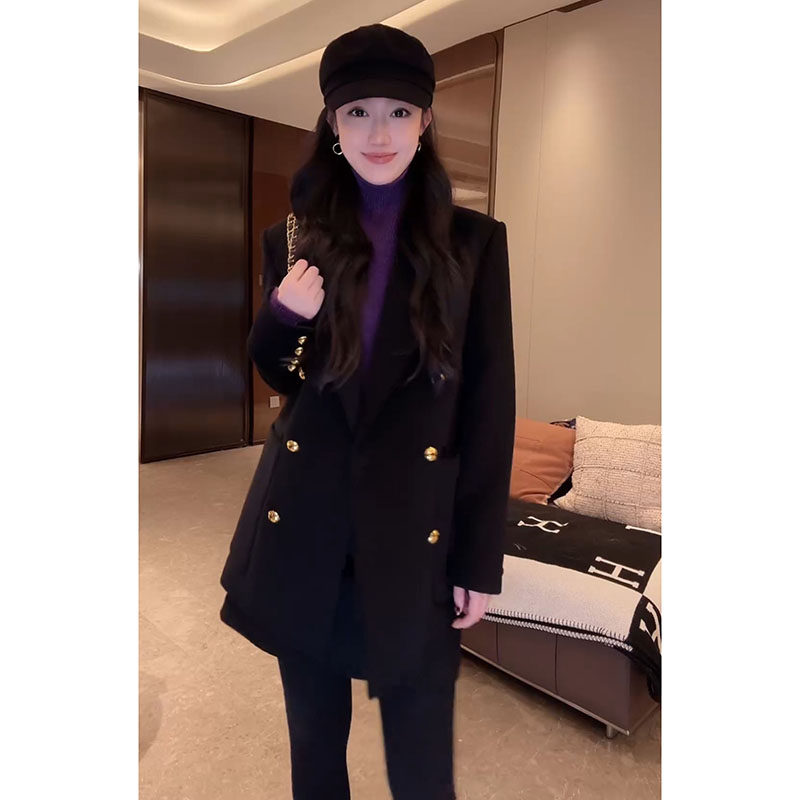 大李plus 羊绒澳毛黑金双排扣中长款大衣女冬季黑色西装毛呢外套,淘宝优惠券,粉丝福利购,淘宝优惠卷