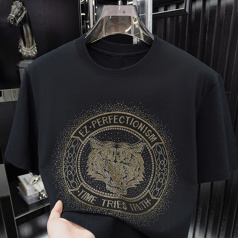 2026新品夏潮牌虎头烫钻短袖T恤男圆领修身半袖潮纯棉印花体恤衫,淘宝优惠券,粉丝福利购,淘宝优惠卷