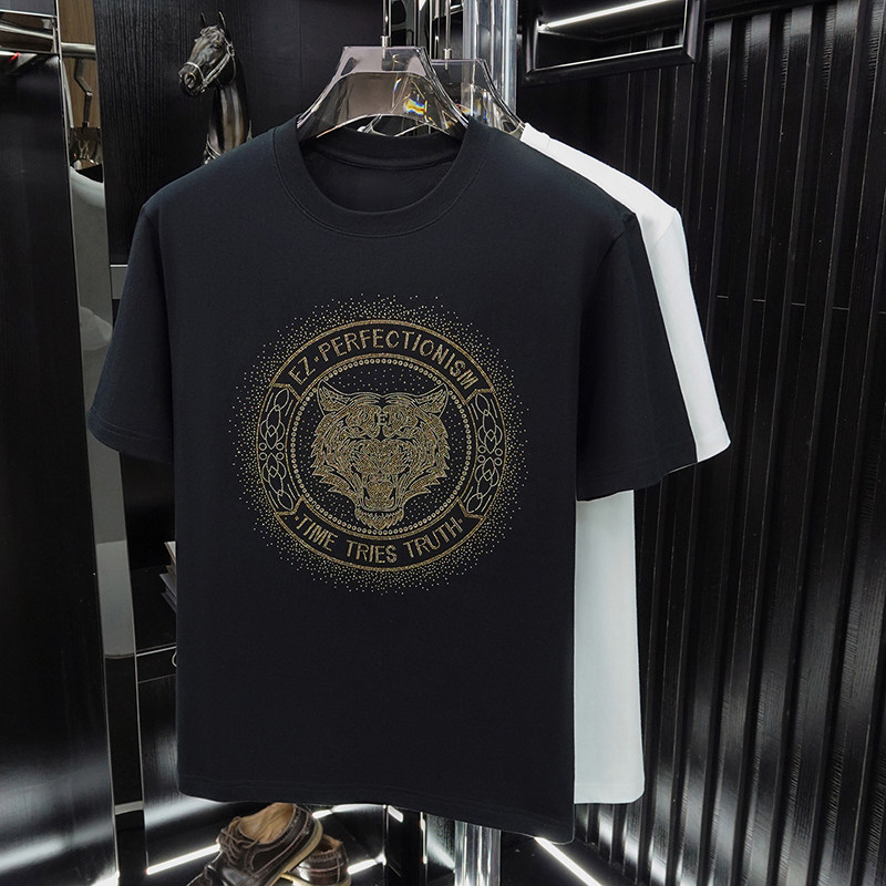 2026新品夏潮牌虎头烫钻短袖T恤男圆领修身半袖潮纯棉印花体恤衫,淘宝优惠券,粉丝福利购,淘宝优惠卷