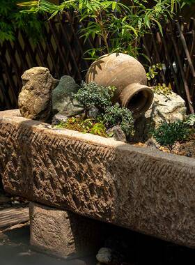 老石槽水摆件石磨水景鱼院景缸庭BJ23072户外流旧石器花盆装饰观