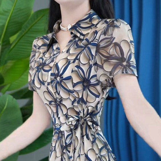 时尚短袖连衣裙女2025年夏季新款气质收腰显瘦中长款休闲印花裙子,淘宝优惠券,粉丝福利购,淘宝优惠卷