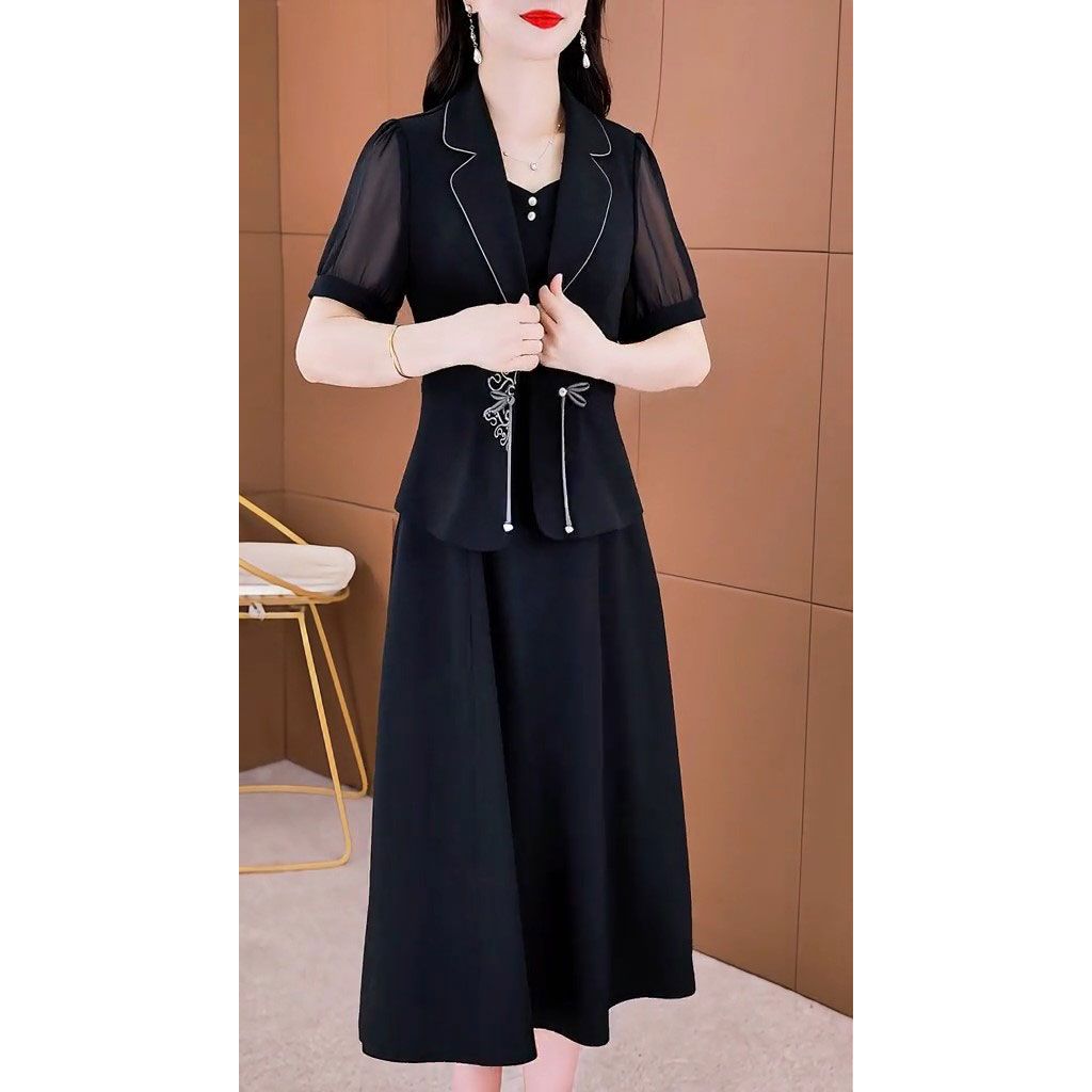 中式盘扣西装上衣吊带连衣裙两件套女2025夏新款时尚气质显瘦套装 - 图0