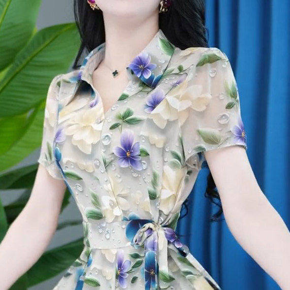 时尚短袖连衣裙女2025年夏季新款气质收腰显瘦中长款印花休闲裙子,淘宝优惠券,粉丝福利购,淘宝优惠卷