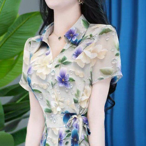 时尚短袖连衣裙女2025年夏季新款气质收腰显瘦中长款印花休闲裙子,淘宝优惠券,粉丝福利购,淘宝优惠卷