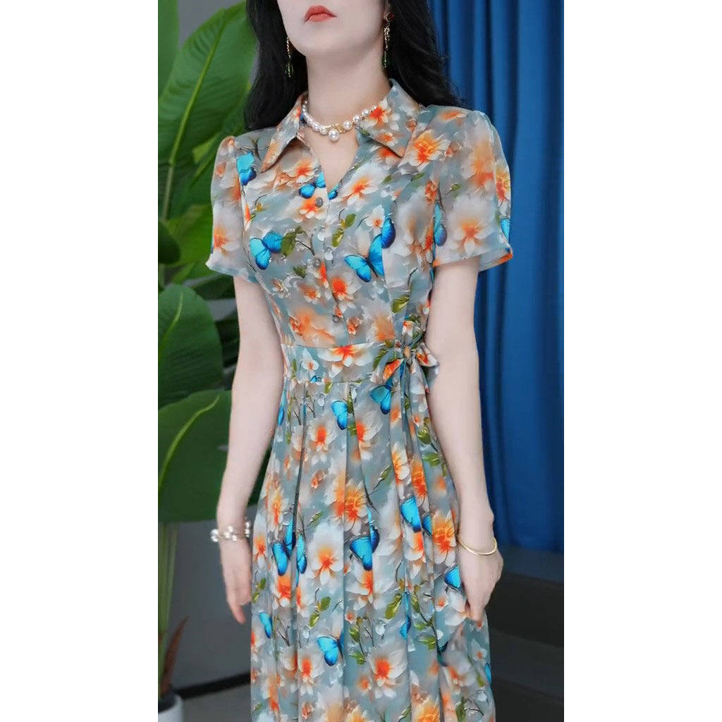 2025年夏季新款时尚短袖连衣裙女气质收腰显瘦中长款印花休闲裙子,淘宝优惠券,粉丝福利购,淘宝优惠卷