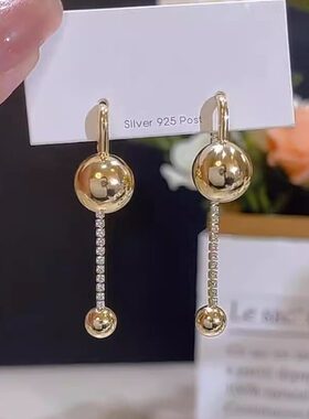 金色圆球流苏耳环女轻奢高级感一款两戴耳钉气质百搭耳饰