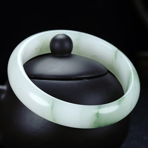 天山翠手镯女金丝玉佘太翠玉镯子宝石光扁条翡翠色飘花玉镯子手环 - 图3