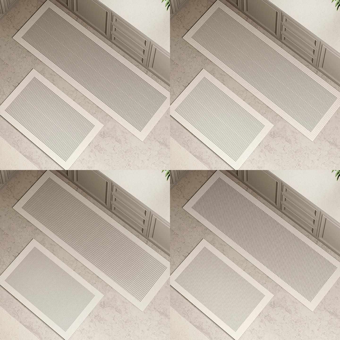Non-slip, wipeable and washable strips for kitchen floor mats