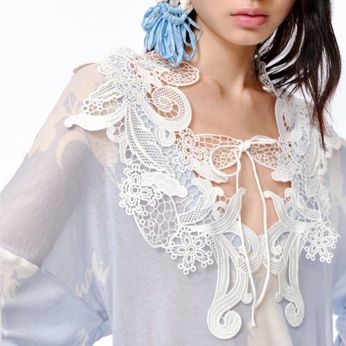 XIAOLI筱李 25春夏新品蓝色蕾丝花边针织长袖罩衫 - 图2