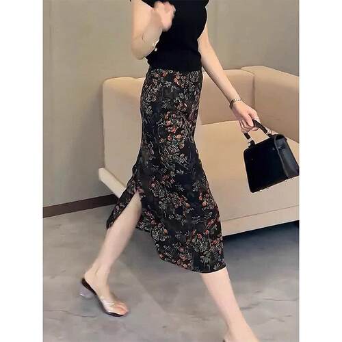 轻熟风复古碎花半身裙女2026年夏季新款高腰显瘦修身开叉包臀裙 - 图0