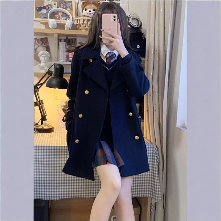 【秋冬季日系学院风校供感毛呢外套女jk制服双排扣百搭通勤呢子大,淘宝优惠券,粉丝福利购,淘宝优惠卷